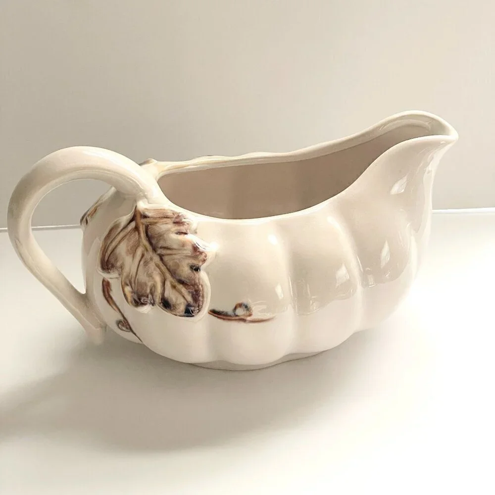 Pier 1 Hand Painted Stoneware Autumn Leaves Ribbed Handled Gravy Boat Creamware
